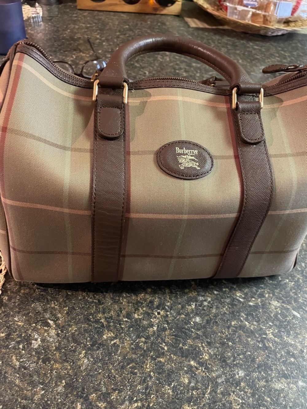 Vintage Burberry 20th century check canvas  Boston bag Dark Brown Leather Trim